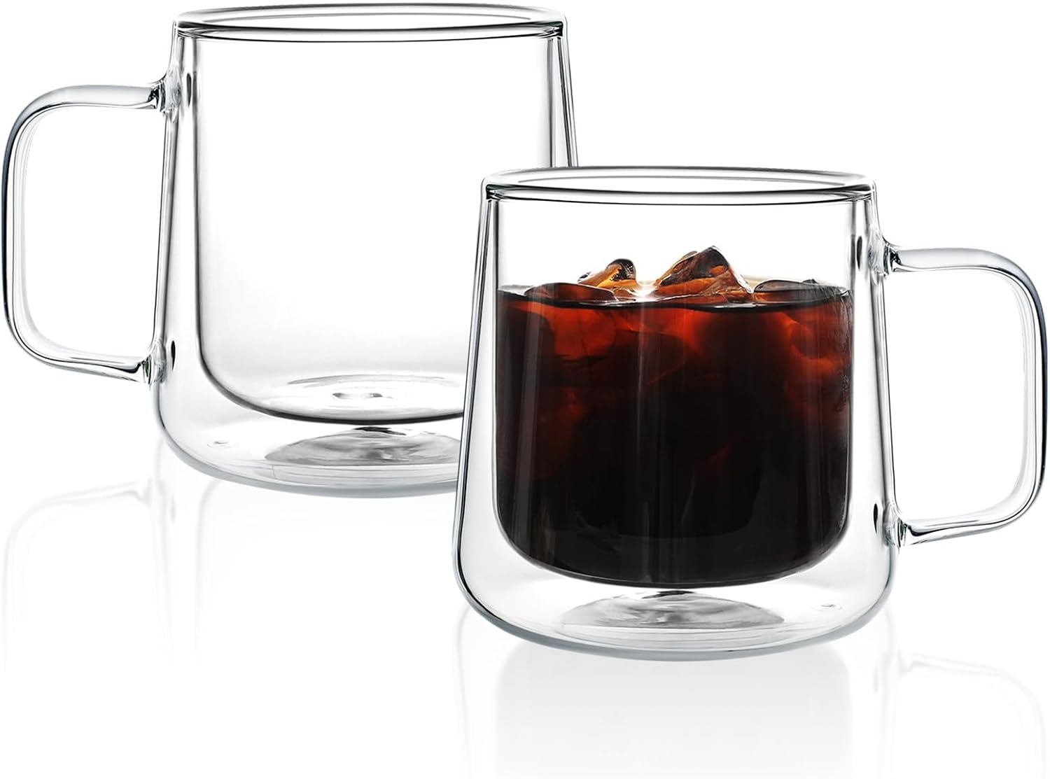 Aurzen 13oz Glass Coffee Mugs,Double Wall Insulated Glass Cups with Handle,Clear Espresso Mugs for Latte,Cappuccino,Tea Bag (2, 13oz)