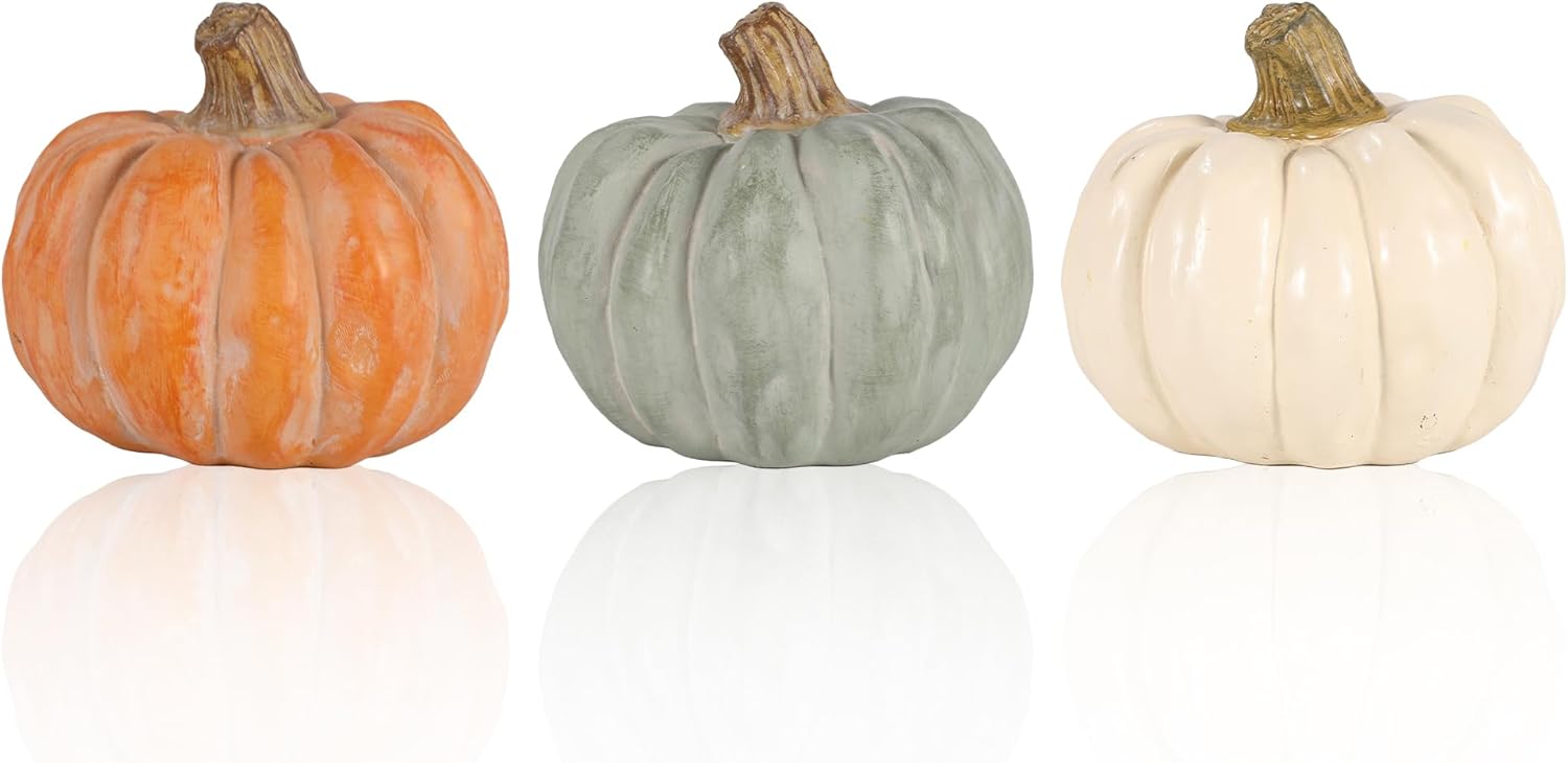 GoGnome Set of 3 Decorative Pumpkins – Resin Fall Harvest Décor in White, Sage Green & Orange, Rustic Autumn Table Centerpiece for Thanksgiving Farmhouse Home Decoration (White)