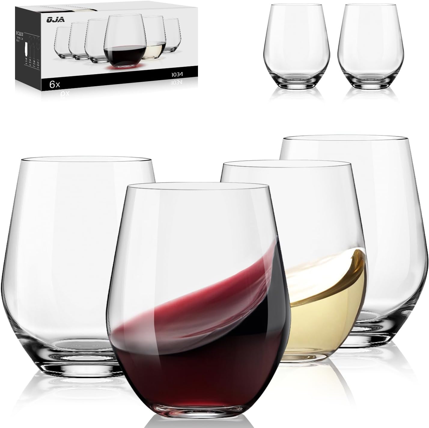 OJA Stemless Wine Glasses Set of 6, 15oz Premium Crystal Red White Wine Glasses, No Stem, Clear,Sturdy Drinking Glass for Daily Use, Birthday, Wedding, Home Party, Anniversary, Shower Gift