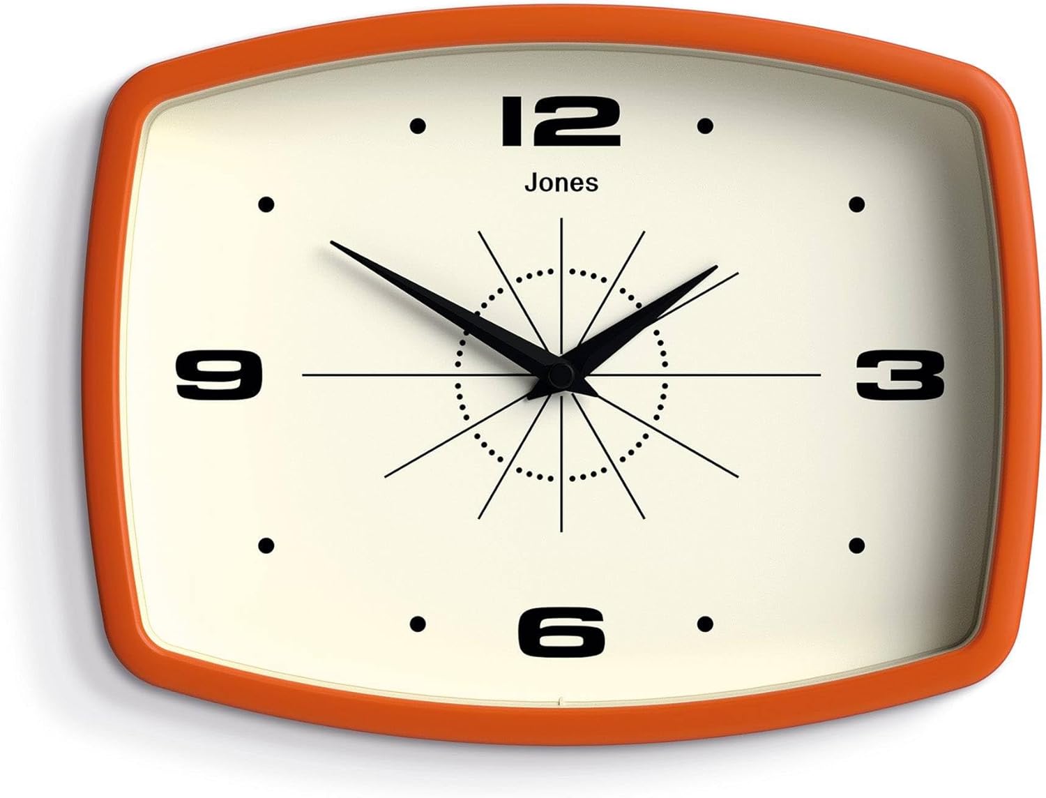 JONES CLOCKS® Movie wall Clock | Rectangular Retro Clock | 10″ | Orange | Cool mid-Century Designer Look for Kitchen, Living Room or Office