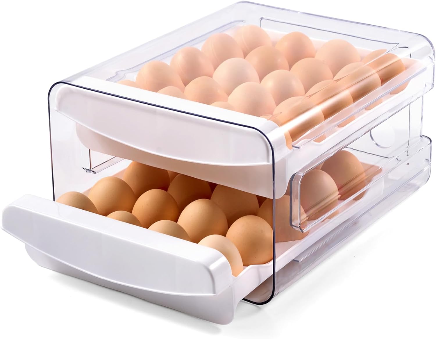 Luckore Egg Container Holders Dispenser for Refrigerator 40 Eggs, 2 Tier Clear Stackable Holder Tray with Drawer for Fridge, Storage Container with Handles for Refrigerator, Countertop