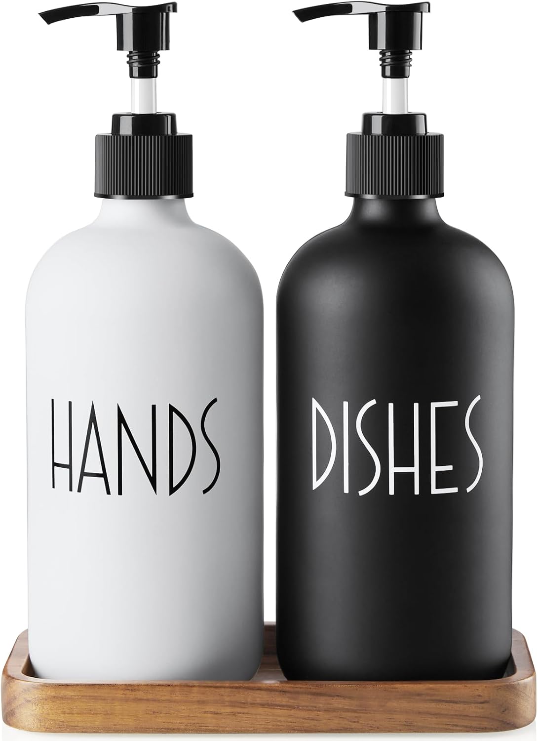 ALELION Glass Dish Soap Dispenser for Kitchen – 16 OZ Hand Soap Dispenser Set with Pump and Acacia Wood Tray – Black White Modern Farmhouse Kitchen Bathroom Decor and Accessories
