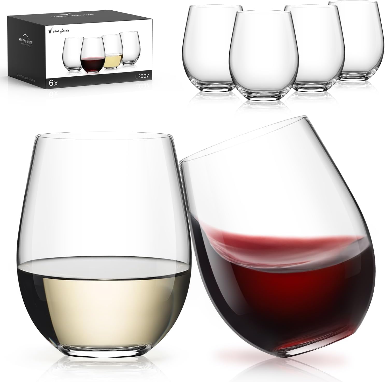 LUNA & MANTHA Stemless Wine Glasses, Crystal Red White Wine Glasses for Daily Use, Hosting, Home Bar, Evening Party, Birthdays, Shower, Housewarming Gift,Set of 6-18oz