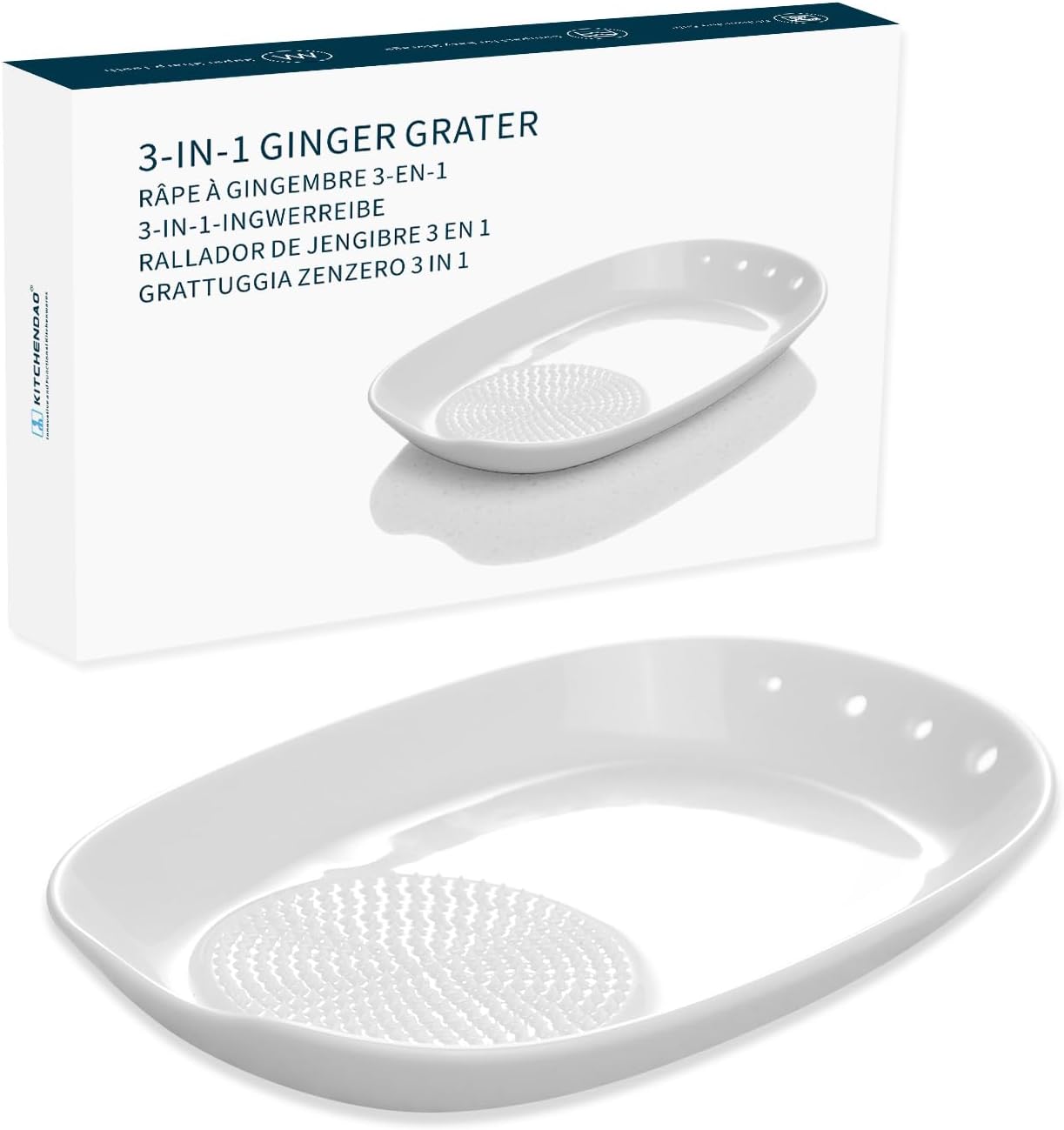 KITCHENDAO 3 in 1 Porcelain Ginger Grater Tool Spoon Rest Herb Stripper, 6.5 x 4.3 inches for Kitchen, Japanese Ceramic Garlic Grinding Wasabi Grater Plate Dish for Daikon Radish & Parmesan Cheese