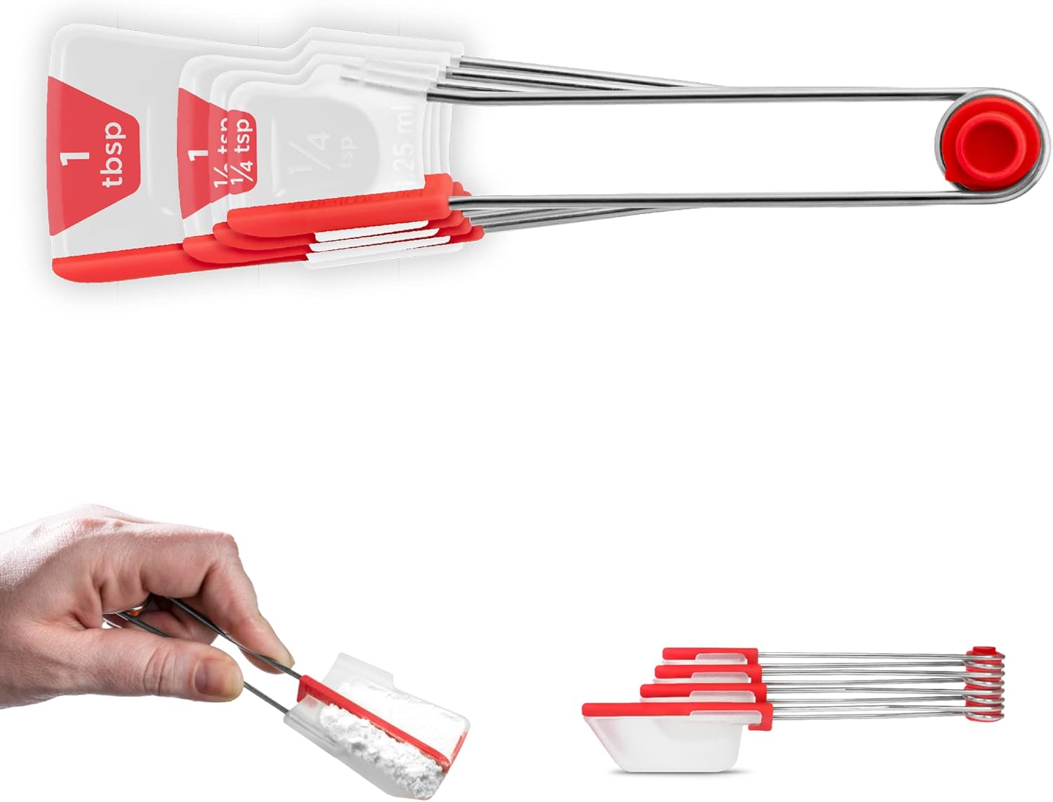 Dreamfarm Levoons Self-Levelling Measuring Spoon Set, Measures 1/4 Teaspoon up to 1 Tablespoon – Pack of 4, Red | Squeeze to level quarter, half, 1 teaspoon and 1 tablespoon with metric and imperial measurements, snap together for storage