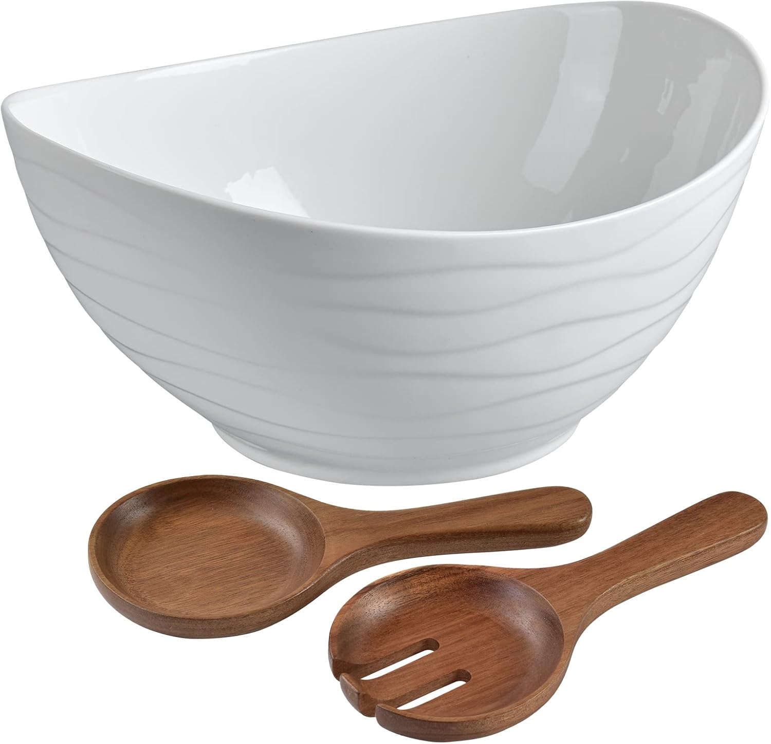 KITEISCAT Extra Large Elegant Ceramic Oval Salad Bowl Set with Premium Acacia Wood Salad Serving Utensils – Large Capacity, Stylish and Practical, Kitchen Must-Have