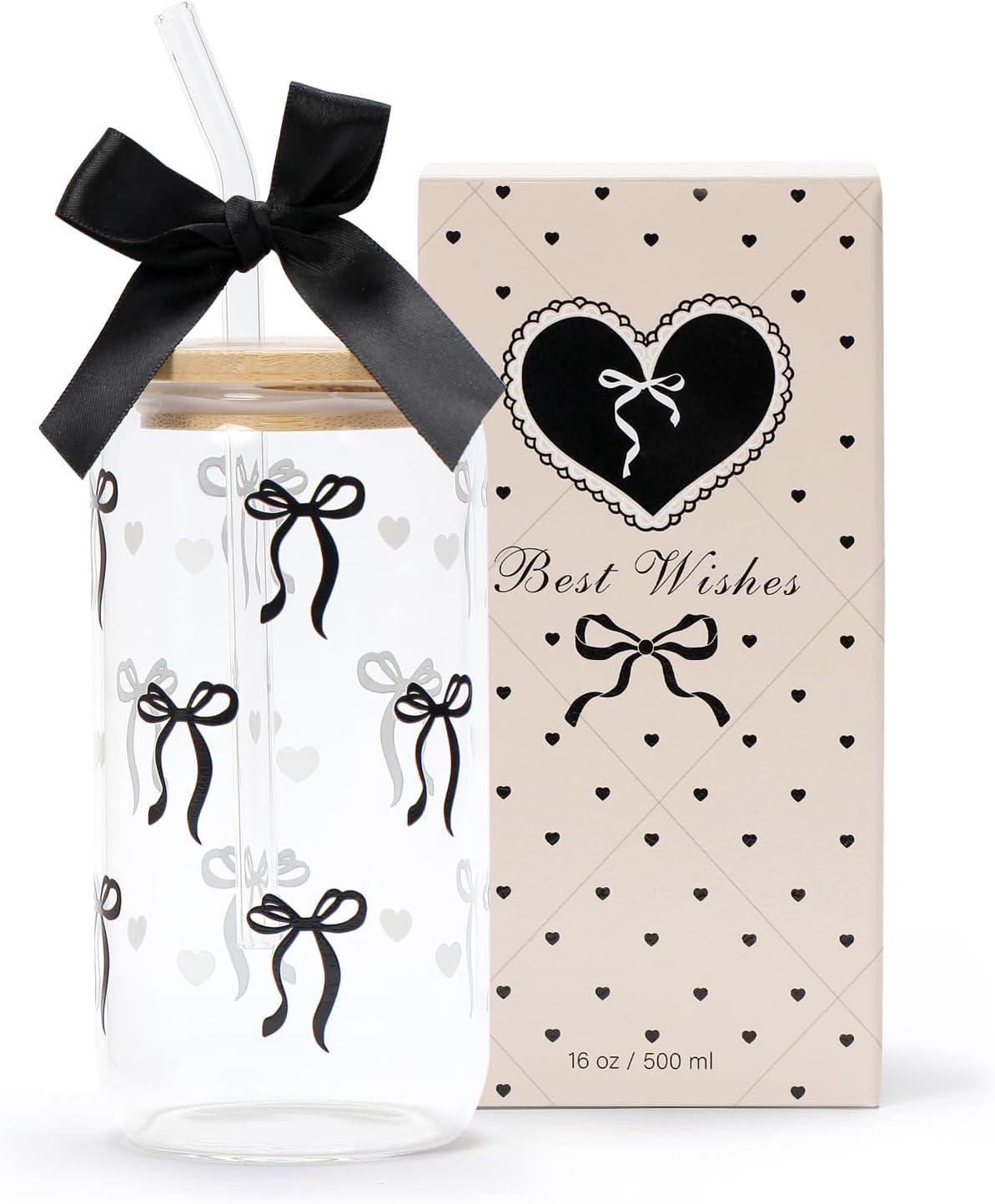 Coquette Black Bow Aesthetic Cup With Gift Box 16oz Glass Cup with Lids Straws and Black Bow Iced Coffee Smoothie Cute Tumbler with Cleaning Brush for Girls Bestfriend Sister Girlfriend, Preppy Stuff