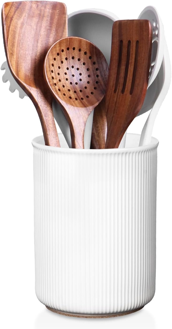 LoeJan 6.7″ Utensil Holder, Ceramic Kitchen Utensil Holder with Cork Bottom, Large Utensil Crock for Countertop, Vintage Cooking Tool Organizer Set for Kitchen Counter Decor(White)