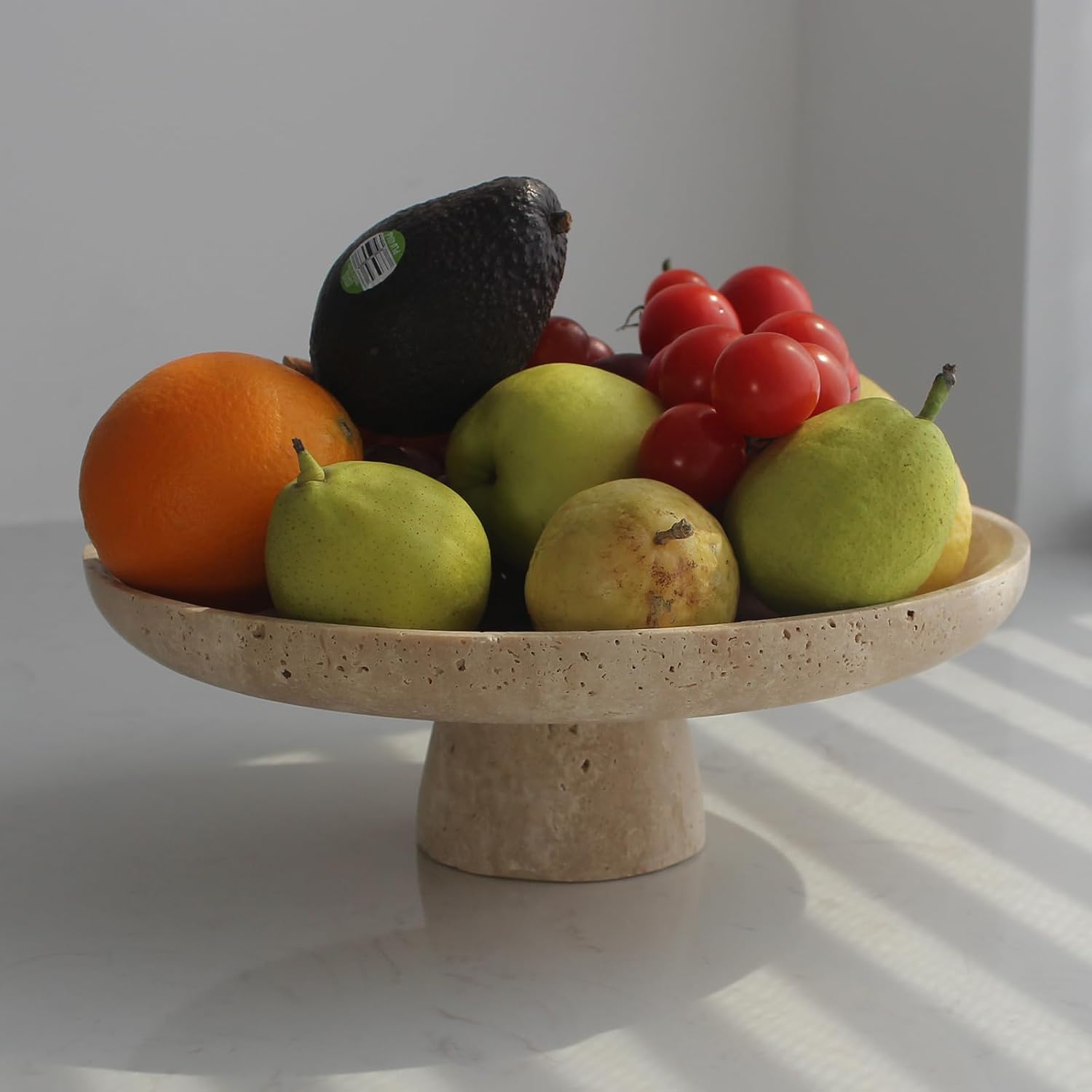 Nawgnail Natural Travertine Fruit Bowl for Kitchen Counter 10.2″, Large Decorative Bowl Pedestal for Home Decor, Fruits Holder For Dining Table – Kitchen Organization
