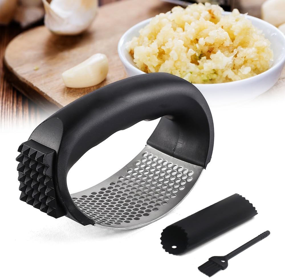 2025 New Upgraded Garlic Press Rocker, Stainless Steel Garlic Press, Garlic Crusher with Peeler and Cleaning Brush, Garlic Chopper for Crush Garlic Kitchen Gadgets, Kitchen Tools (Black)