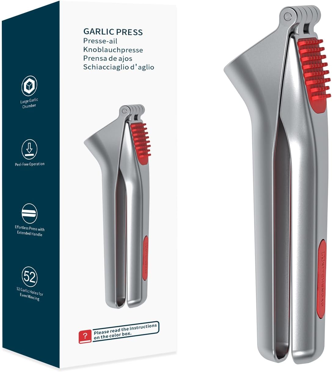 KITCHENDAO Heavy-duty Garlic Press with Built-in Scraper & Cleaning Pusher, No Peeling Garlic Crusher with Large Chamber, Zinc Alloy Garlic Mincer, Dishwasher Safe