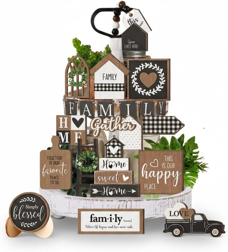 Farmhouse Tiered Tray Decor Set,Rustic Kitchen Decoration for Home,24PCS Wooden Signboards in The Original Wood Color,Table Centerpieces for Dining Room,Coffee Bar,Entryway Table(No Tray)
