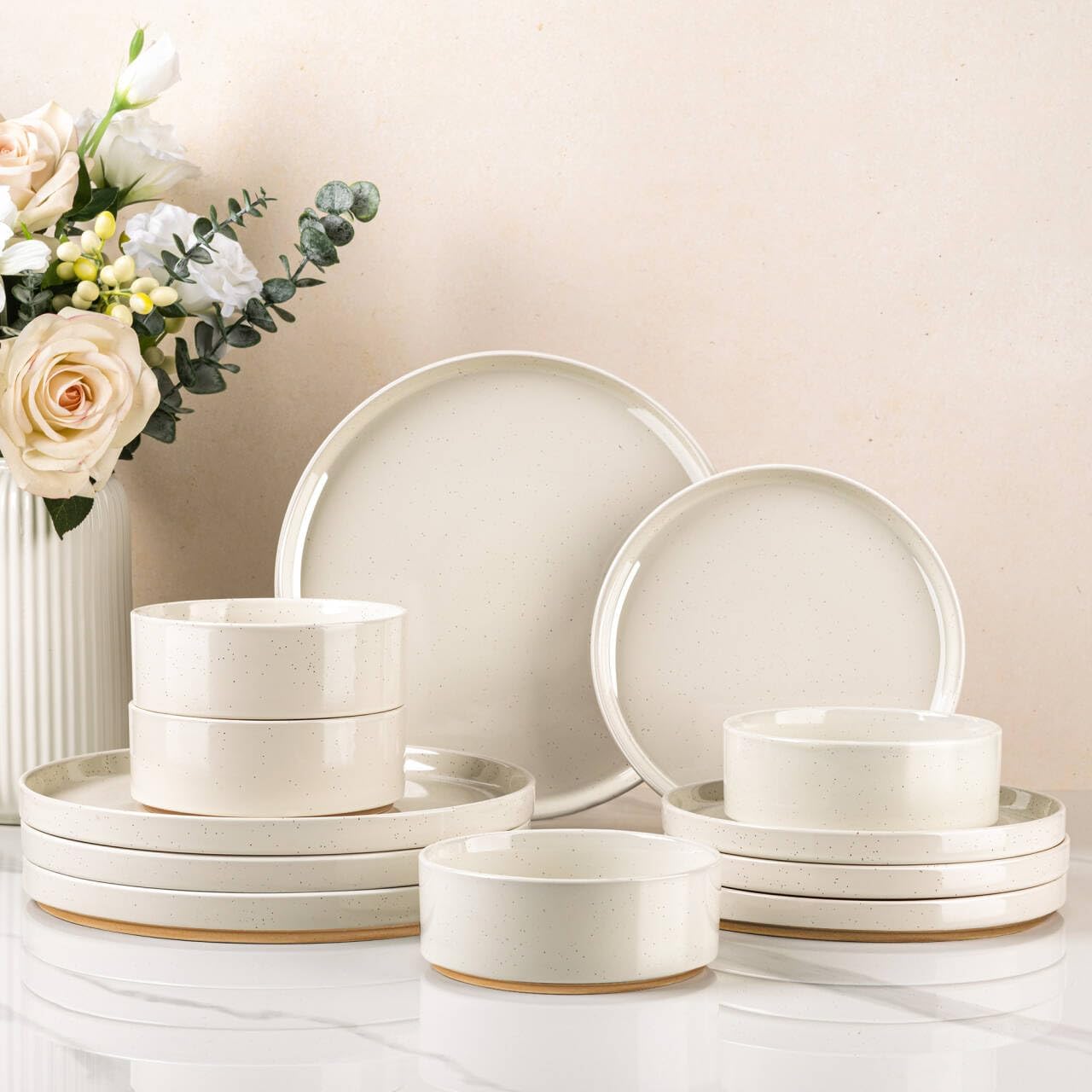 AmorArc Ceramic Dinnerware Set for 4 | Speckled Stoneware Plates and Bowls with unglazed terracotta | Scratch Resistant, Dishwasher & Microwave Safe Modern Dishes Sets- 12Pcs