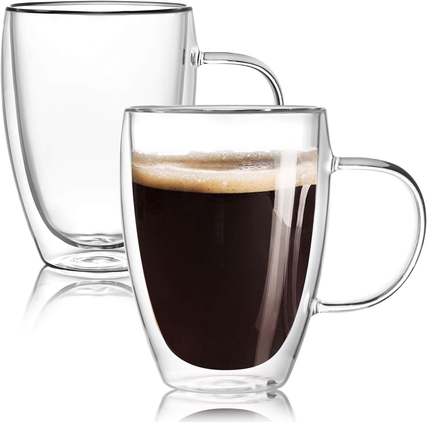 12 Oz Double Walled Glass Coffee Mugs with Handle, Insulated Layer Coffee Cups, Clear Borosilicate Glass Mugs – Gift for Cappuccino,Tea,Latte,Espresso,Hot Beverage,Cold Drinks, Set of 2