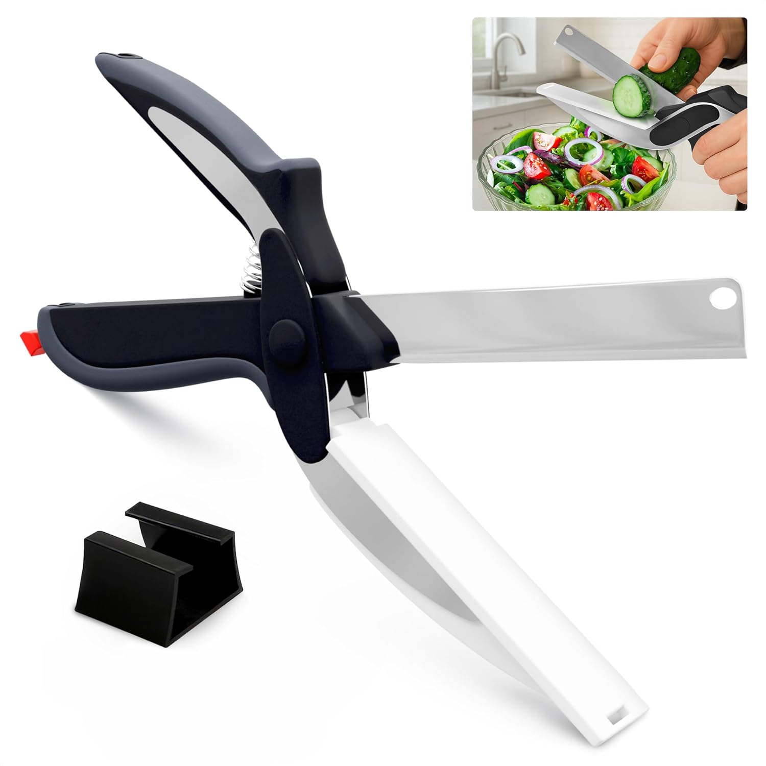 2 in 1 Kitchen Scissors for Food with Cutting Board, Safety Lock | Stainless Steel Cutting Board Scissors for Veggies, Fruit & Cheese; 9.5″ Detachable Blade; Dishwasher Safe Tomato Knife