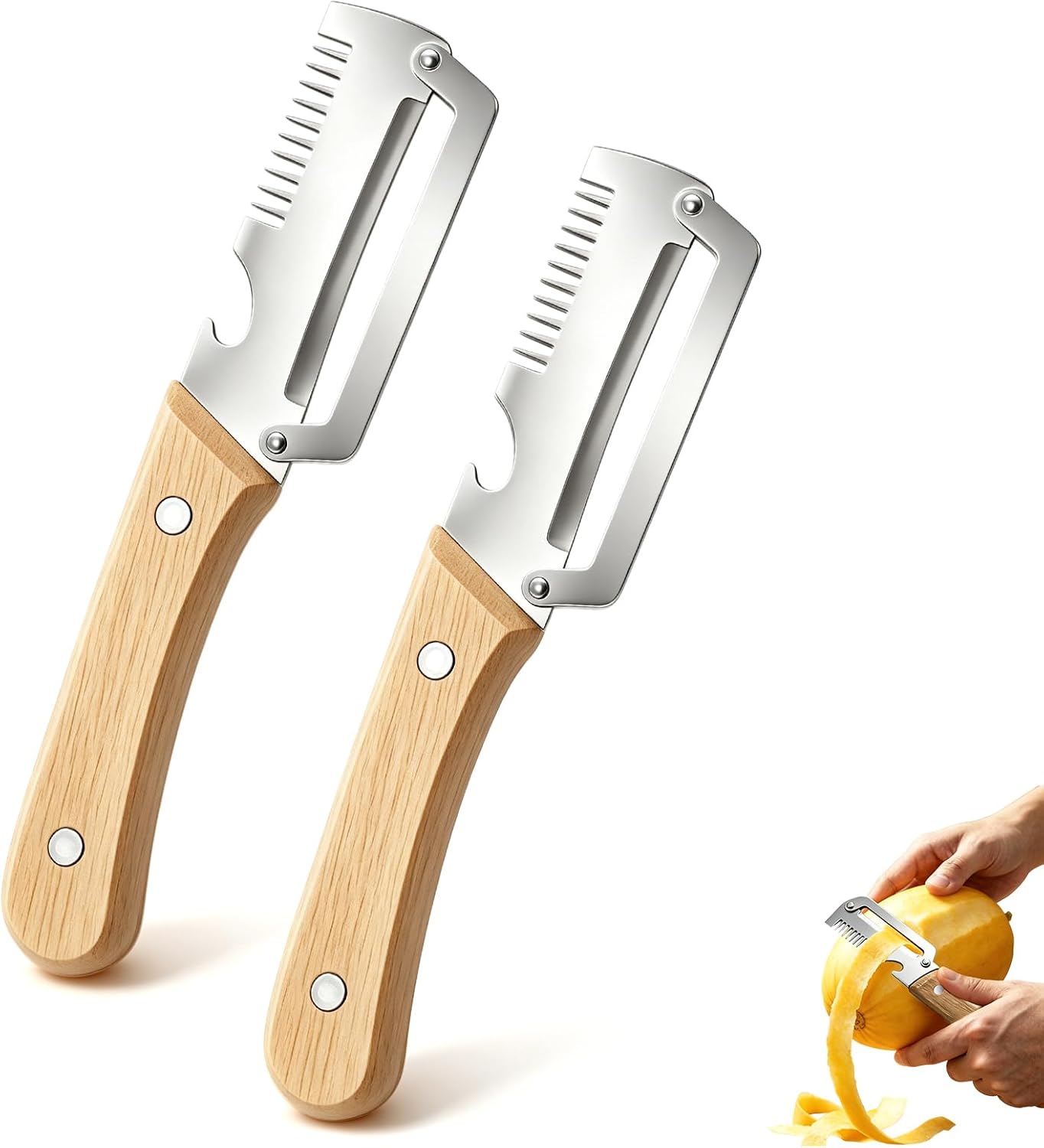 2 Pack Multifunctional Vegetable Peeler, 3 in 1 Kitchen Peeler with Bottle Opener and Wooden Handle, Kitchen Gadgets Tool for Fruit Pumpkin Peeling Potato Carrot Veggie Peeler