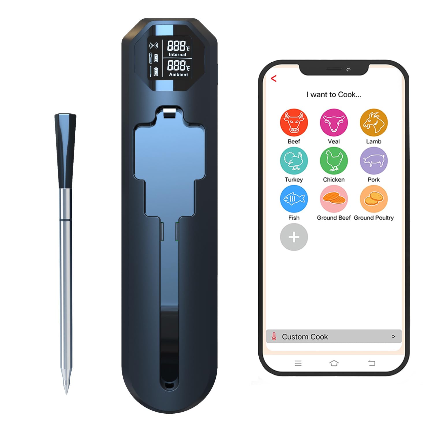 Smart Meat Thermometer-Smart Meat Thermometer Wireless – App Monitoring, Ambient Temperature Sensor, Alarm Reminders, 820-Foot Range, Suitable for Smokers, Barbecues, Turkeys, Beef, and Cooking