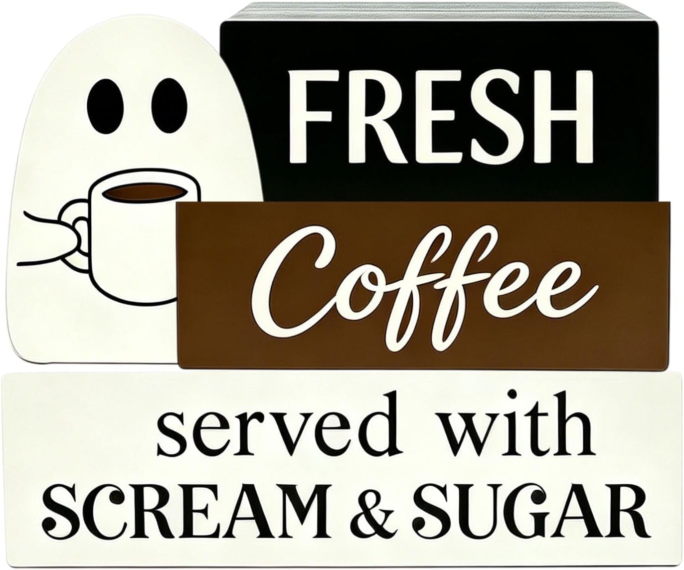 4Pcs Coffee Bar Table Decoration Ghost Sign, Tiered Tray Decor Farmhouse for Home Decor Indoor for Table, Tabletop Coffee Bar, Office Fireplace Shelf, Kitchen and Party Decoration