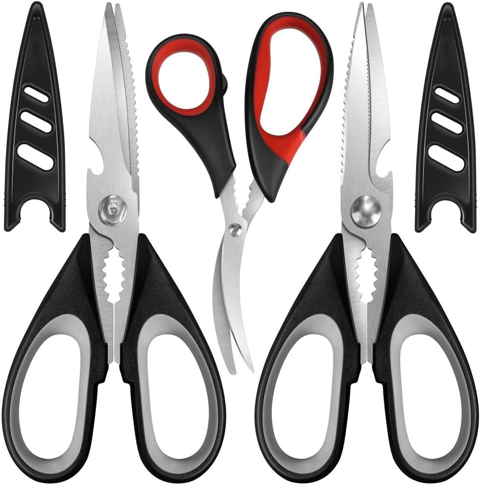All Purpose Kitchen Shears with Protective Sheath, Heavy Duty 3 Pack Kitchen Scissors with Serrated Blade, Stainless Steel Cooking Scissors for Poultry, Food, Vegetables