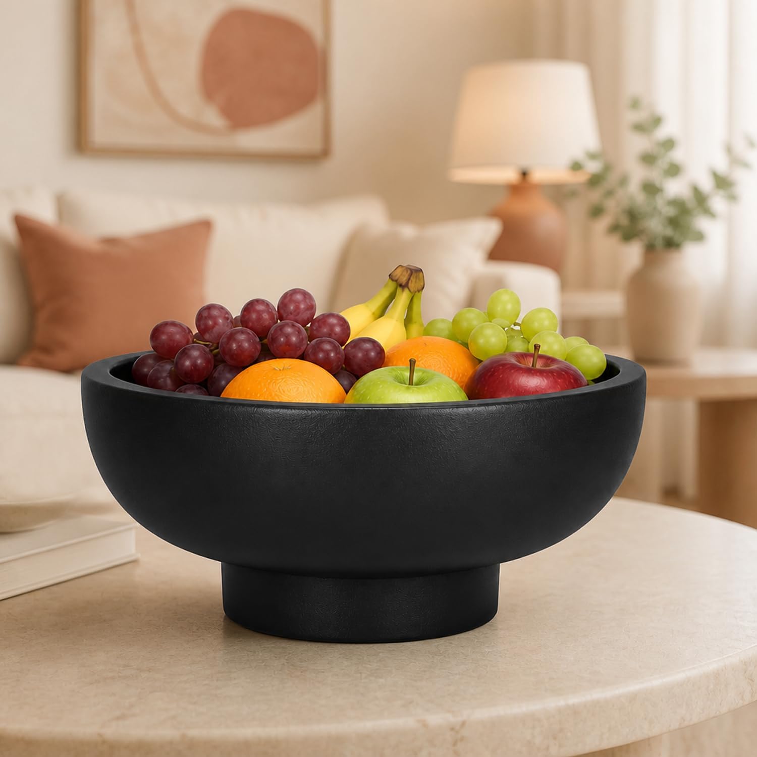 Concrete Fruit Bowl – Large Decorative Pedestal Bowl for Kitchen Counter, Entryway, or Coffee Table – Modern Catch – All Key Bowl – Heavyweight Centerpiece for Home Decor (Black)