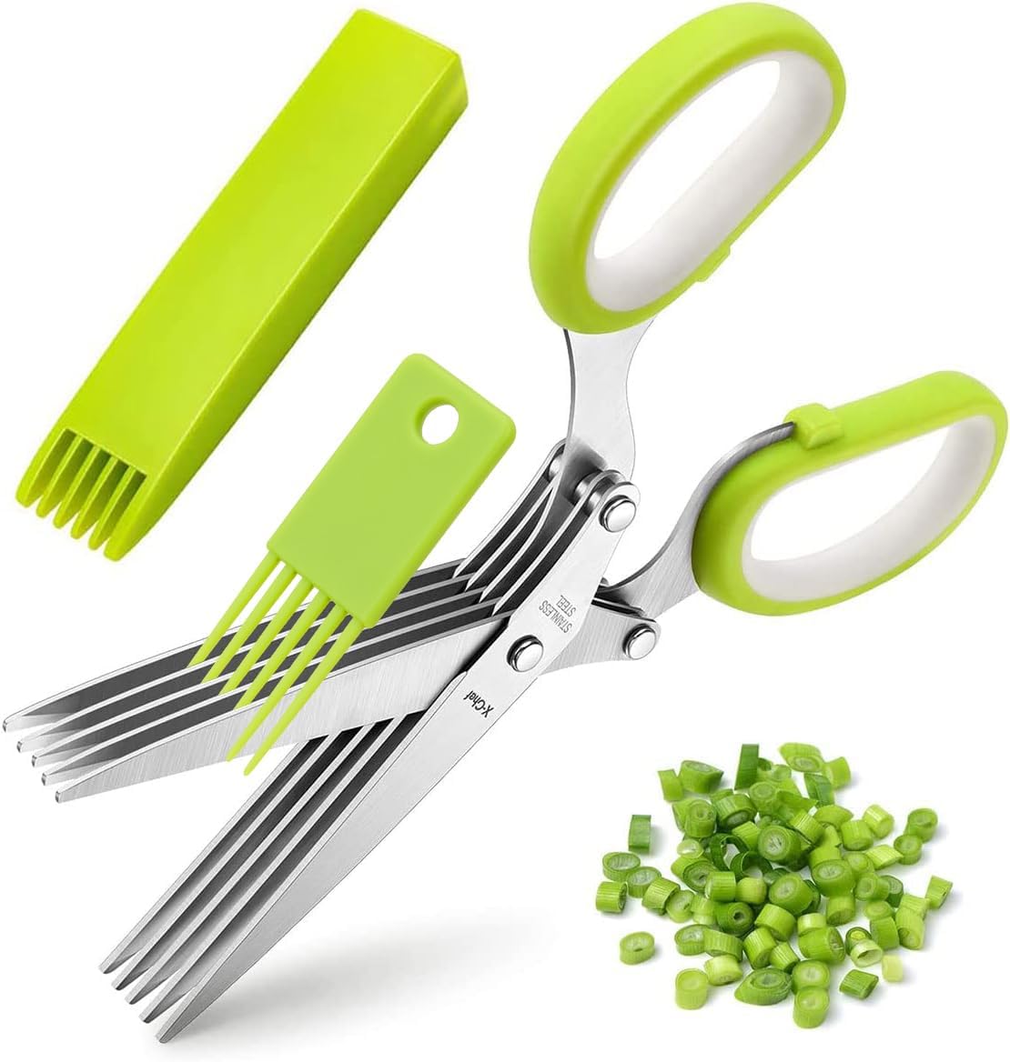 Herb Scissors, X-Chef Multipurpose 5 Blade Kitchen Herb Shears Herb Cutter with Safety Cover and Cleaning Comb for Chopping Basil Chive Parsley (Green)