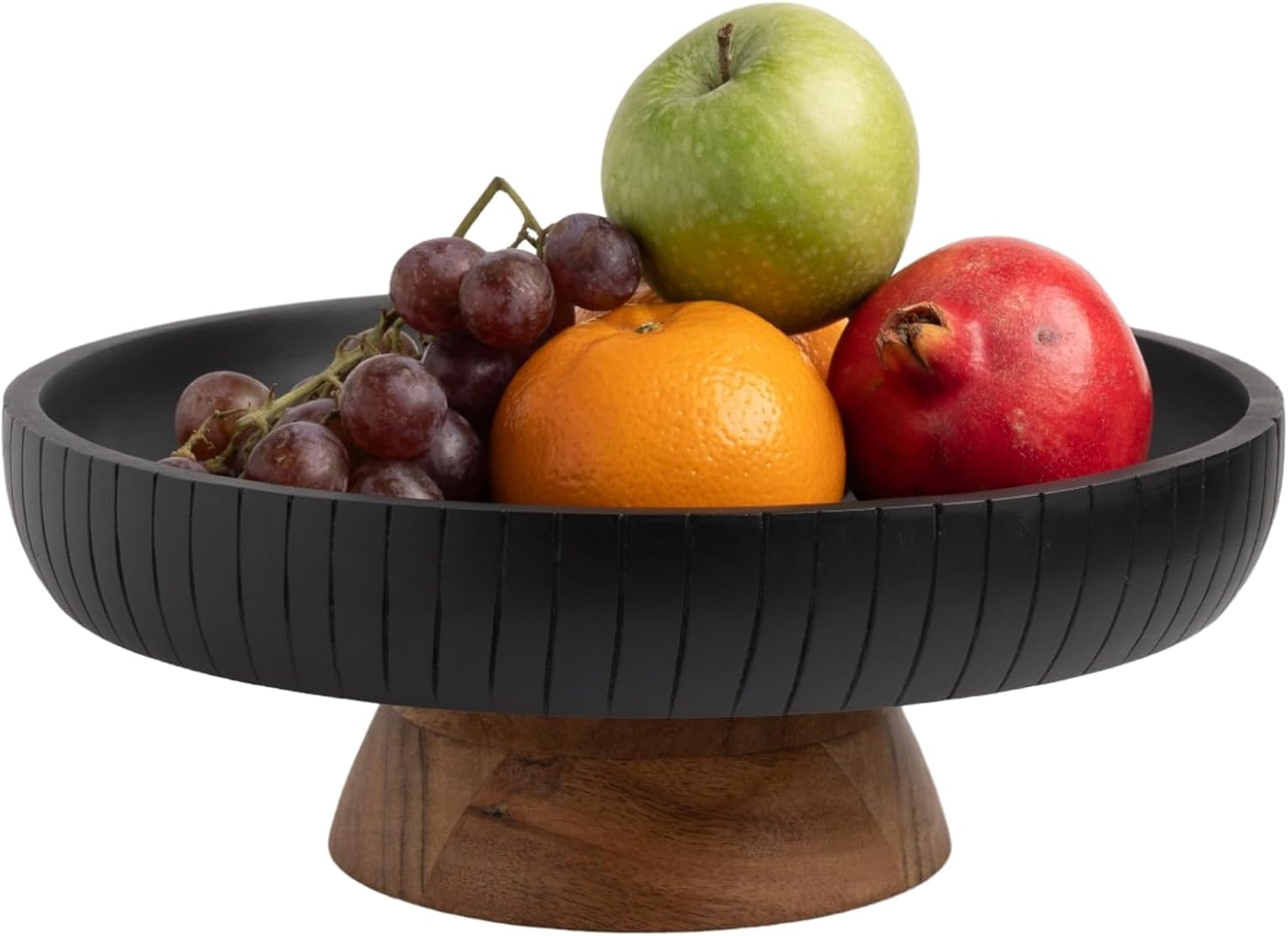 Mango Wood fruit bowl, Decorative black bowl with natural finish pedestal | 12″ dia | Dual tone look | Use as Centerpiece for kitchen counter or dining table (Black)