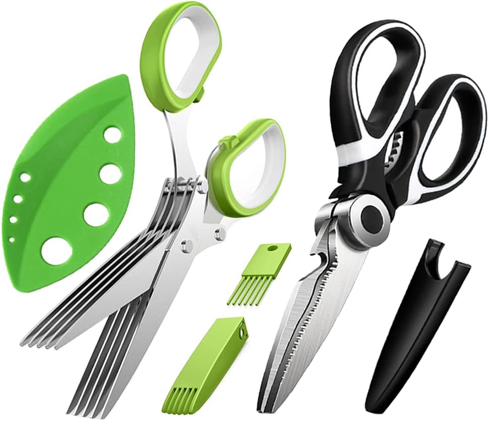 3 Pack Herb Stripper Tools Kit With 5-Blade Stainless Steel Scissors, Heavy Duty Meat Shears, Kitchen Stripping Tool, Safe Covers, Cleaning Comb, Multipurpose Chopping Mincer