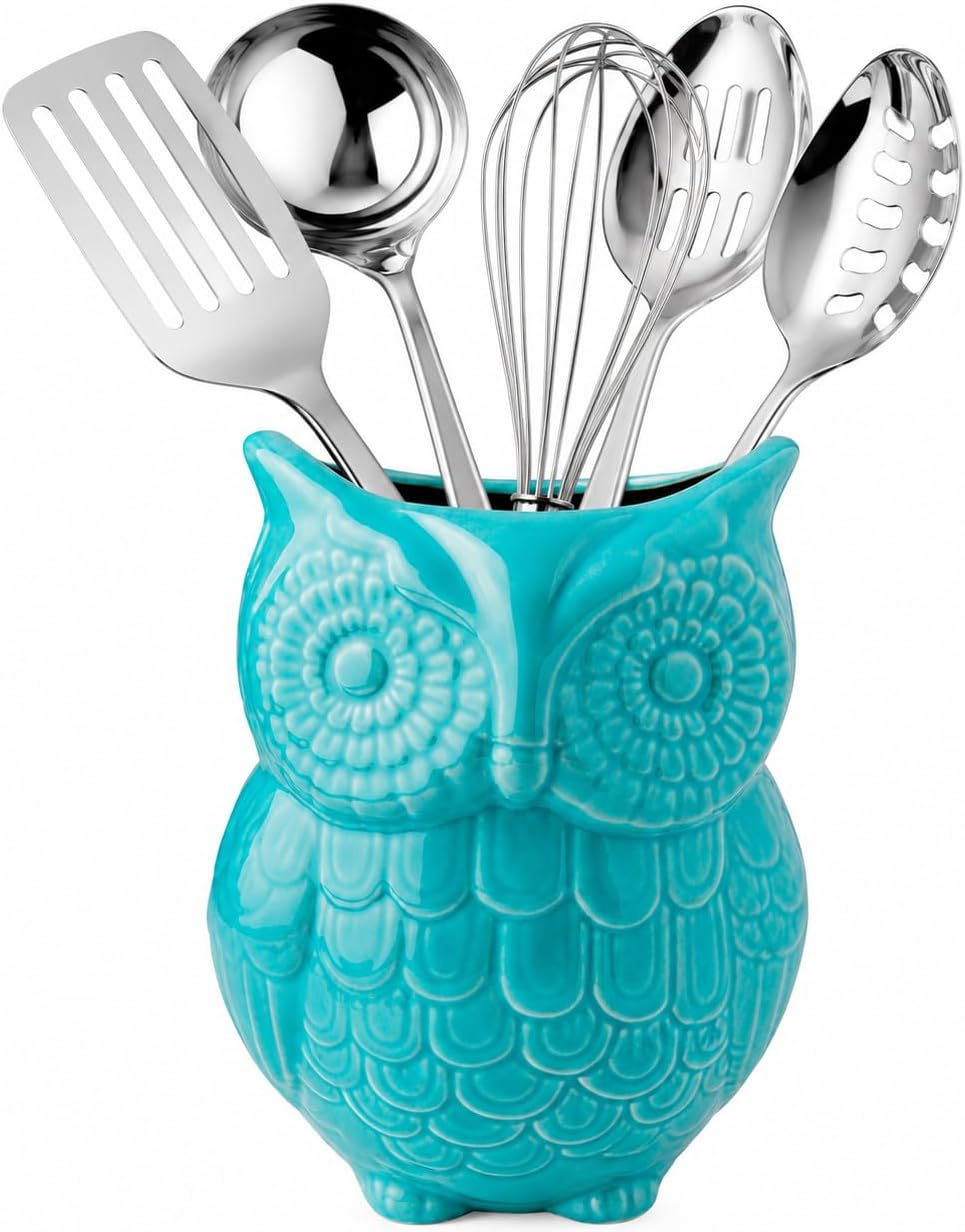 Comfify Aqua Blue Owl Utensil Holder – Decorative Ceramic Kitchen Crock | Aqua Blue owl ceramic crock; 5″W x 6.75″H x 4″D; holds 10+ utensils; DISHWASHER USE; non-skid base; farmhouse kitchen decor