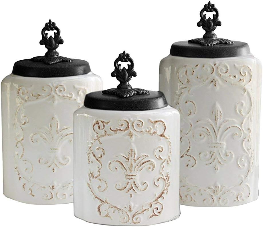 American Atelier Fleur de Lis White Canister Set 3-Piece Ceramic Jars in 84.5oz, 74.5oz, & 60oz Designed w/ Airtight Stainless Steel Lids for Cookies, Candy, Coffee, Flour, Sugar, Rice, Pasta, Cereal