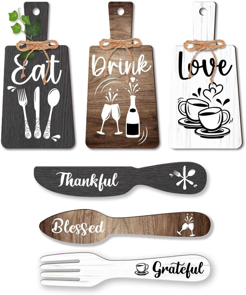PH PandaHall 6pcs Kitchen Wall Decor Start Drink Sign Set Wood Pendant Accessories Mini Wood Plaque Fork and Spoon Shape Decorations Rustic Style Home Dector Black Brown White 11×5.5 inch/11.8×2 inch