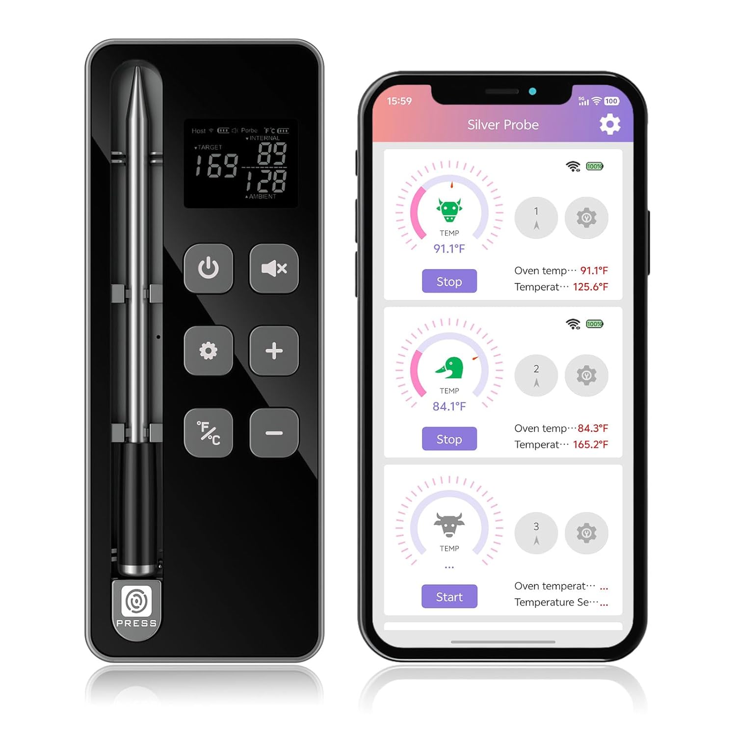 Smart Wireless Meat Thermometer with Display Base, WiFi & App (Silver) | Ultra-Thin Heat-Resistant Probes, 10X Long-Range Signal, for BBQ, Grill, Oven & Smoker, iOS & Android