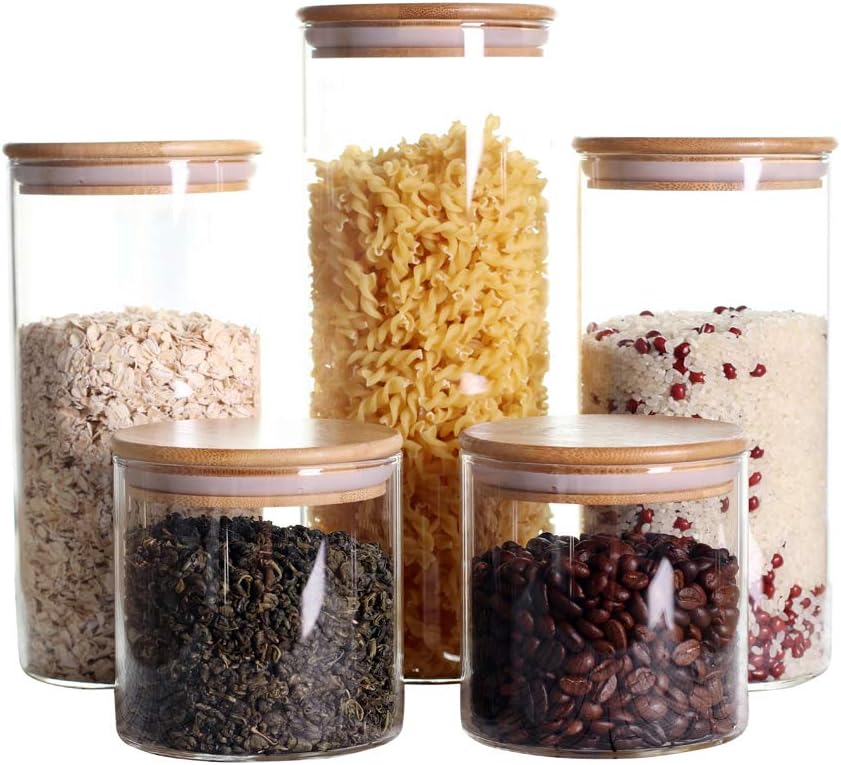 LEAVES AND TREES Y Stackable Kitchen Canisters Set, Pack of 5 Clear Glass Food Storage Jars Containers with Airtight Bamboo Lid for Candy, Cookie, Rice, Sugar, Flour, Pasta, Nuts