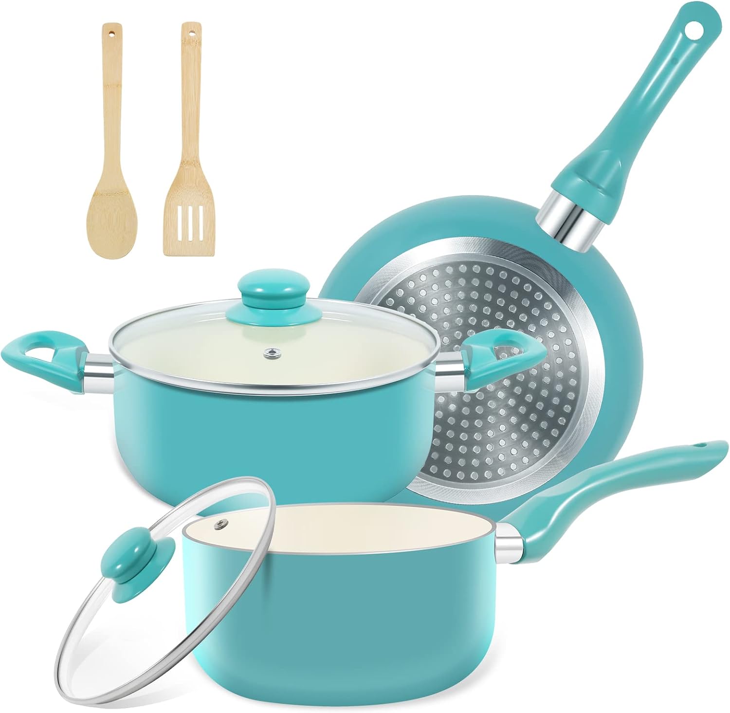 M MELENTA Pots and Pans Set, 7 Piece Nonstick Ceramic Cookware Set, Kitchen Induction Cookware Sets, Pots and Pans Non Stick with Stay Cool Handle, 100% PFOA Free, Turquoise