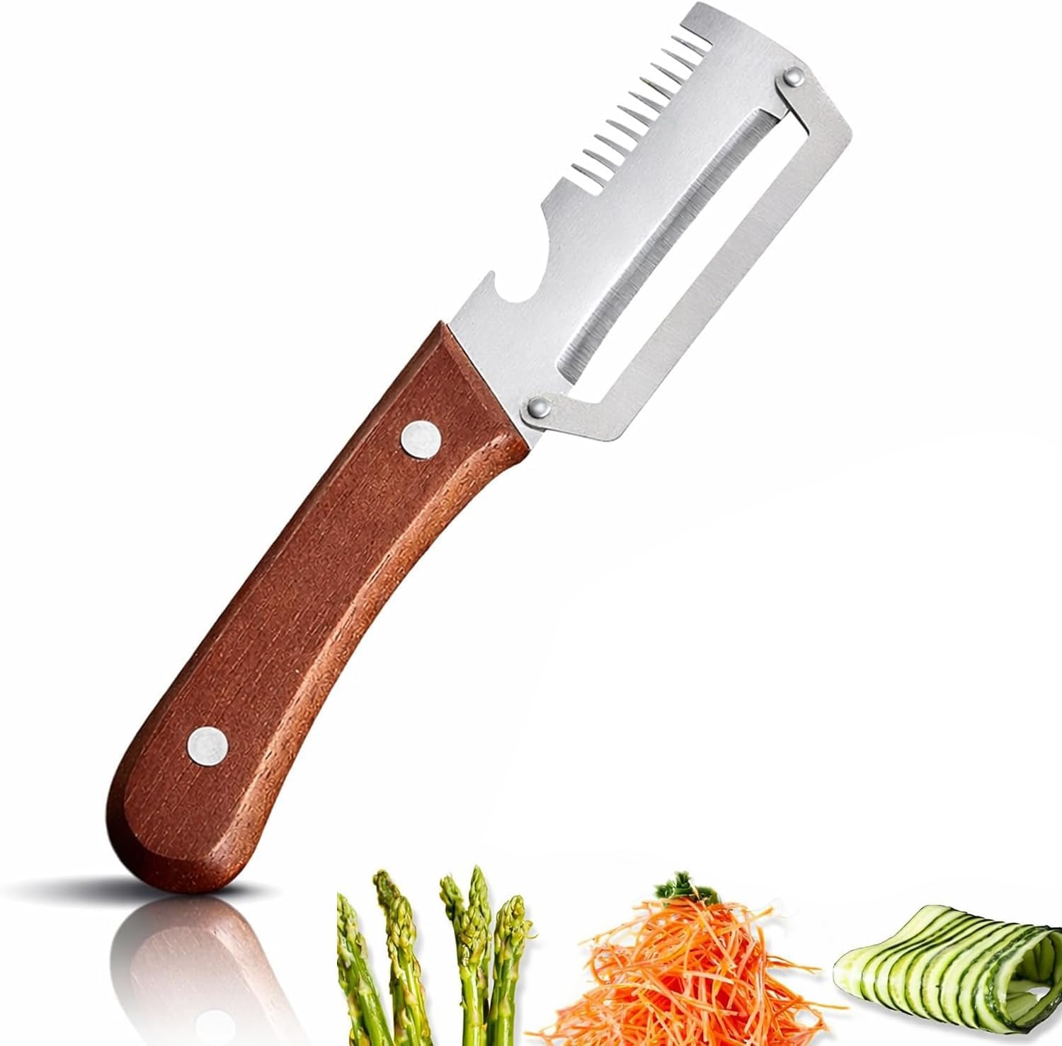 Multifunctional Vegetable Peeler，With wooden handle & bottle opener and grater 3 in 1 kitchen gadgets for potatoes pumpkinsp garlic sugarcane pineapples carrots and other vegetables or fruits
