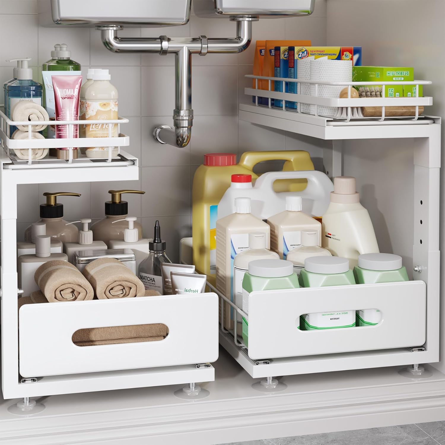 Under Sink Organizer Upgrade To Professional Rails,2-Tier Dual Pull Out Cabinet Storage,Height Adjustable Slide Out Drawers For Bathroom Kitchen,2 Pack-14.5″ Dx12.8-16.9″ H,White