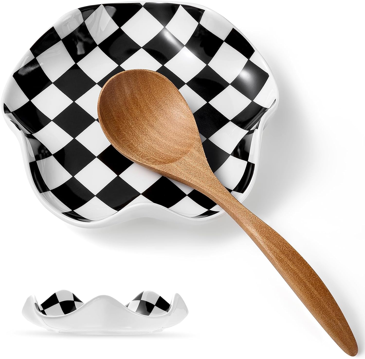 Qipecedm Ceramic Spoon Rest, 5.3in Black & White Pattern, Heat Resistant Cooking Spoon Holder for Kitchen Countertop, Stove Top, Spatula, Ladle, Coffee Spoon Rest