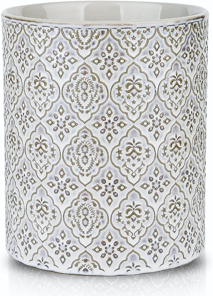 KOOV Kitchen Utensil Holder, Large Utensil Holders for Countertop, 6 x 7 Inches Ceramic Utensil Crock, Deep and Stable, Cooking Utensil Holder, Embossed Pattern, White