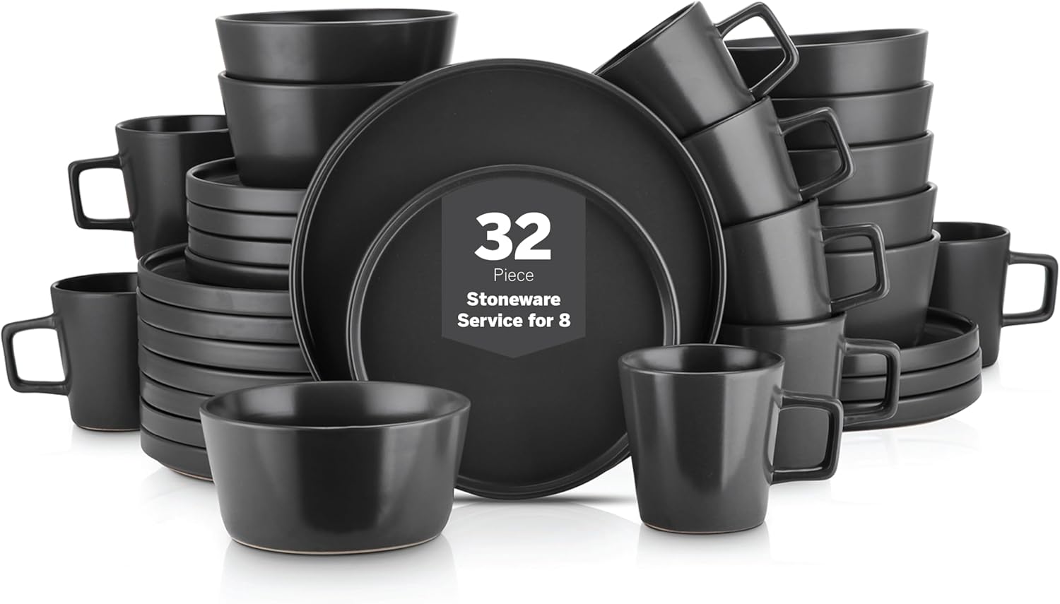 Stone Lain Celina Stoneware 32 Piece Modern Dinnerware Set, Plates and Bowls, Black Matte, Service for 8, Microwave & Dishwasher Safe