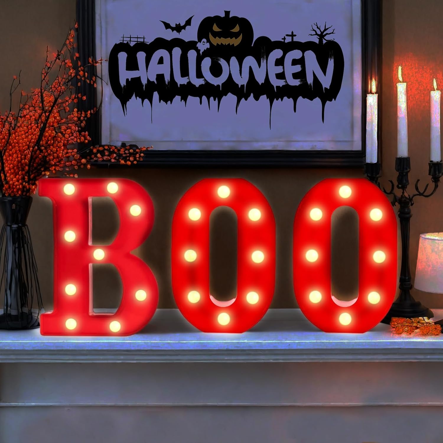 Halloween Decorations, “BOO” Light Up Sign, LED Marquee Light Up Letters, Halloween Decor Indoor for Kitchen, Bedroom, Party, Tabletop