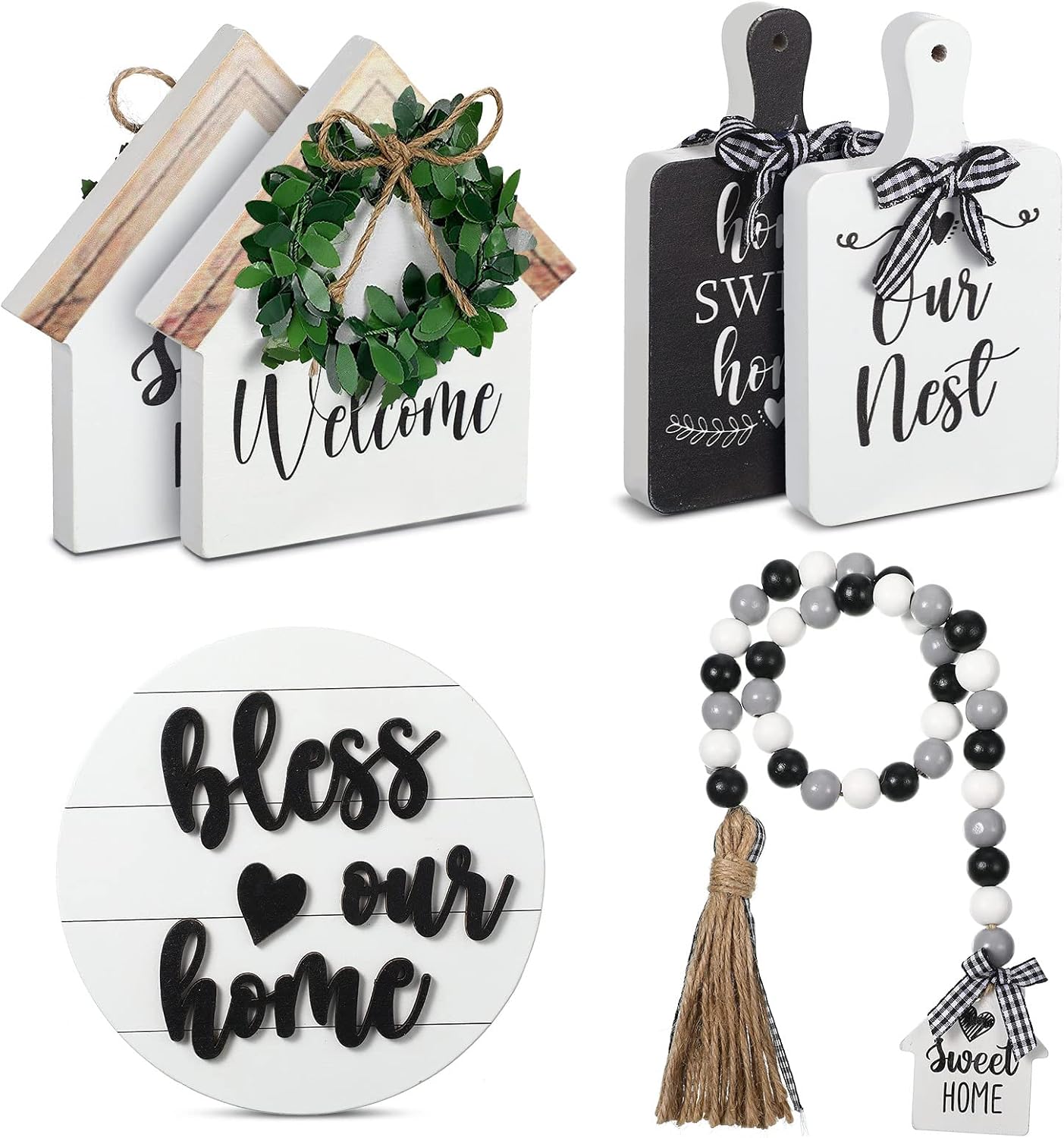 4 Pieces Farmhouse Tiered Tray Decor Set Including House Farmhouse Sign Wooden Small Items Plaid Wood Bead Garland for Home Decor(Simple Style)