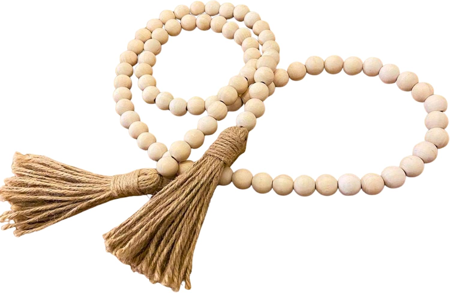 58in Wood Bead Garland Tassels, Farmhouse Tiered Tray Decor | Natural wood beads with cotton tassels – rustic farmhouse drape for trays, shelves and coffee tables