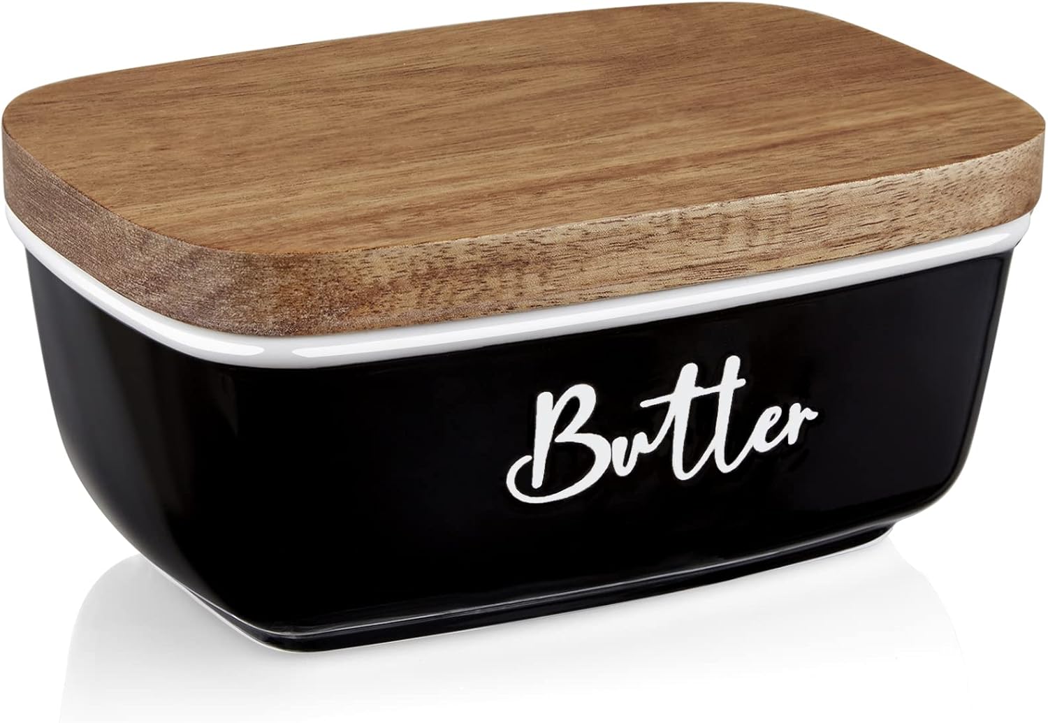 Black Butter Dish, ALELION Large Ceramic Butter Dish with Lid for Countertop, Butter Keeper Container with Acacia Wooden Lid, Kitchen Decor and Accessories for Counter