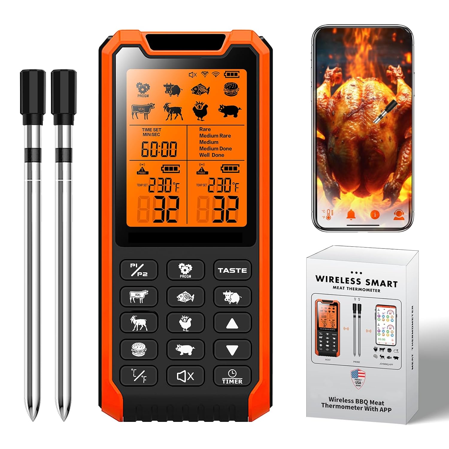 Smart Bluetooth Meat Thermometer – Long Range Wireless Food Thermometer, Digital Meat Thermometer with Dual Probes for BBQ Grill, Oven, Smoker, Air Fryer
