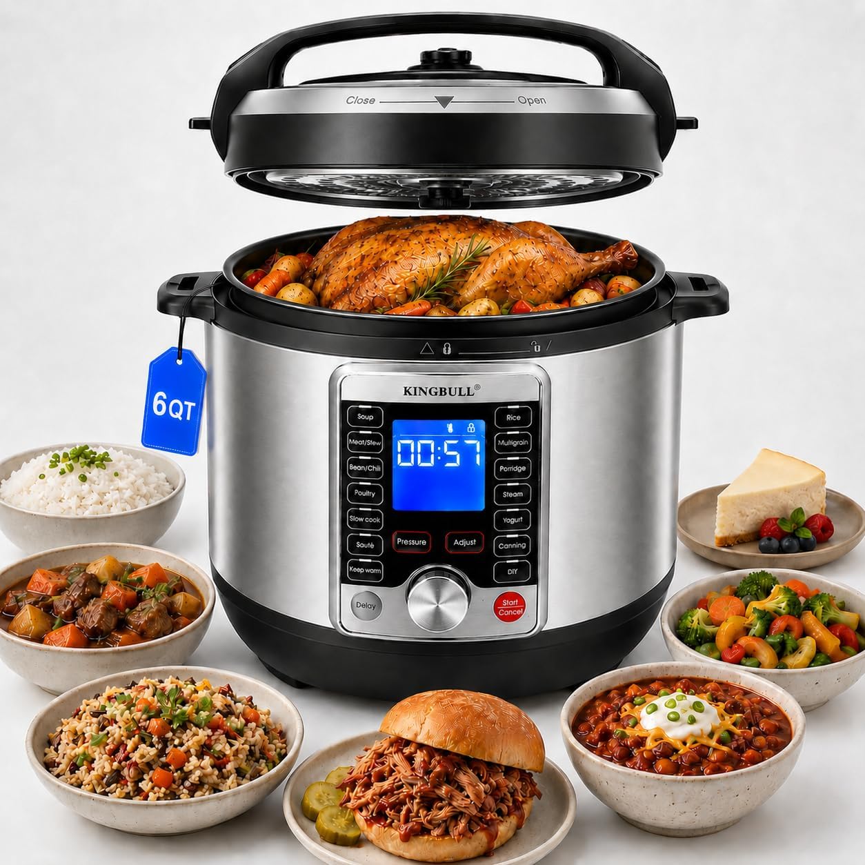 KINGBULL 14-in-1 Electric Pressure Cooker 6 Quart, Stainless Steel Multi Cooker with LCD Display, Slow Cooker, Rice Cooker, Steamer, Sauté, Yogurt Maker, Warmer, DIY Mode, Black