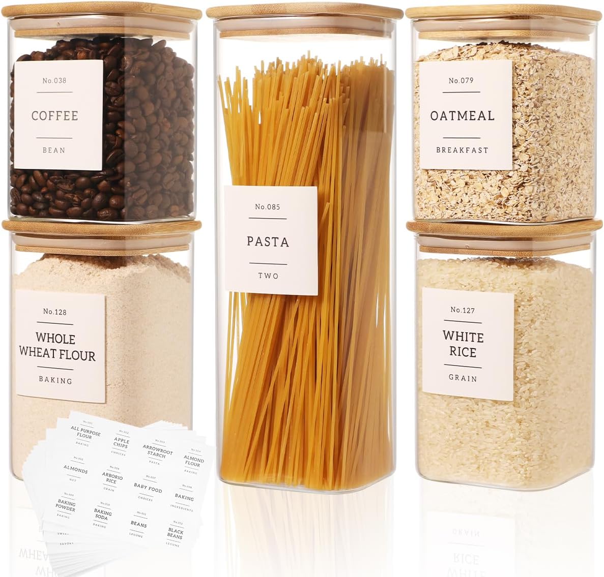 5 Pack Square Glass Pantry Storage Containers with 132 Kitchen Food Pantry Labels – Clear Glass Pantry Jars with Airtight Wood Bamboo Lids – Glass Canisters for Pasta, Cereal, Coffee, Flour, Sugar