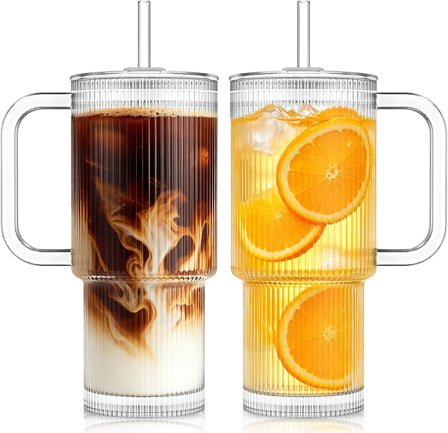 KEMORELA 24oz Ribbed Glass Tumbler with Handle & Lid – 2-Pack iced coffee cups with lids reusable, Coffee Bar Accessories for Cold & Hot Beverages, Aesthetic Travel Cup for Smoothies, Tea, and Juice