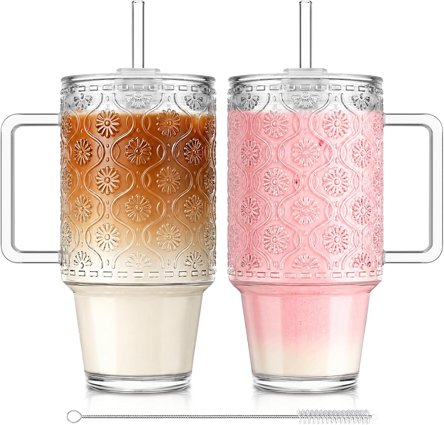 KEMORELA 24oz Ribbed Glass Tumbler with Handle & Lid – 2-Pack iced coffee cups with lids reusable, Coffee Bar Accessories for Cold & Hot Beverages, Aesthetic Travel Cup for Smoothies, Tea, and Juice