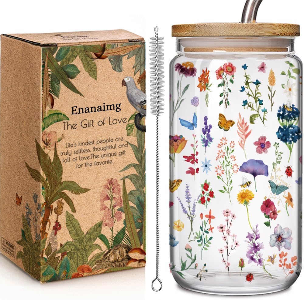 Aesthetic Floral 16oz Glass Cups with Bamboo Lids and Straws Wildflower Gift for Women, Cute Flower Drinking Glass with Cleaning Brushes, Christmas Flower Gifts for Mother Birthday Bridesmaid Party