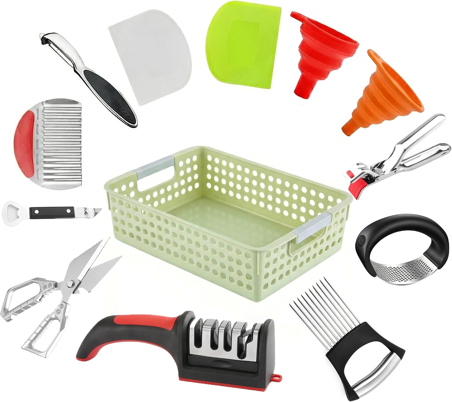 13-Piece Kitchen Gadget Set (Includes Storage Basket) — Features Kitchen Shears, Garlic Press, Knife Sharpener, Julienne Peeler, Standard Peeler, Anti-Scald Tongs, and Bottle Opener — A Home Essential