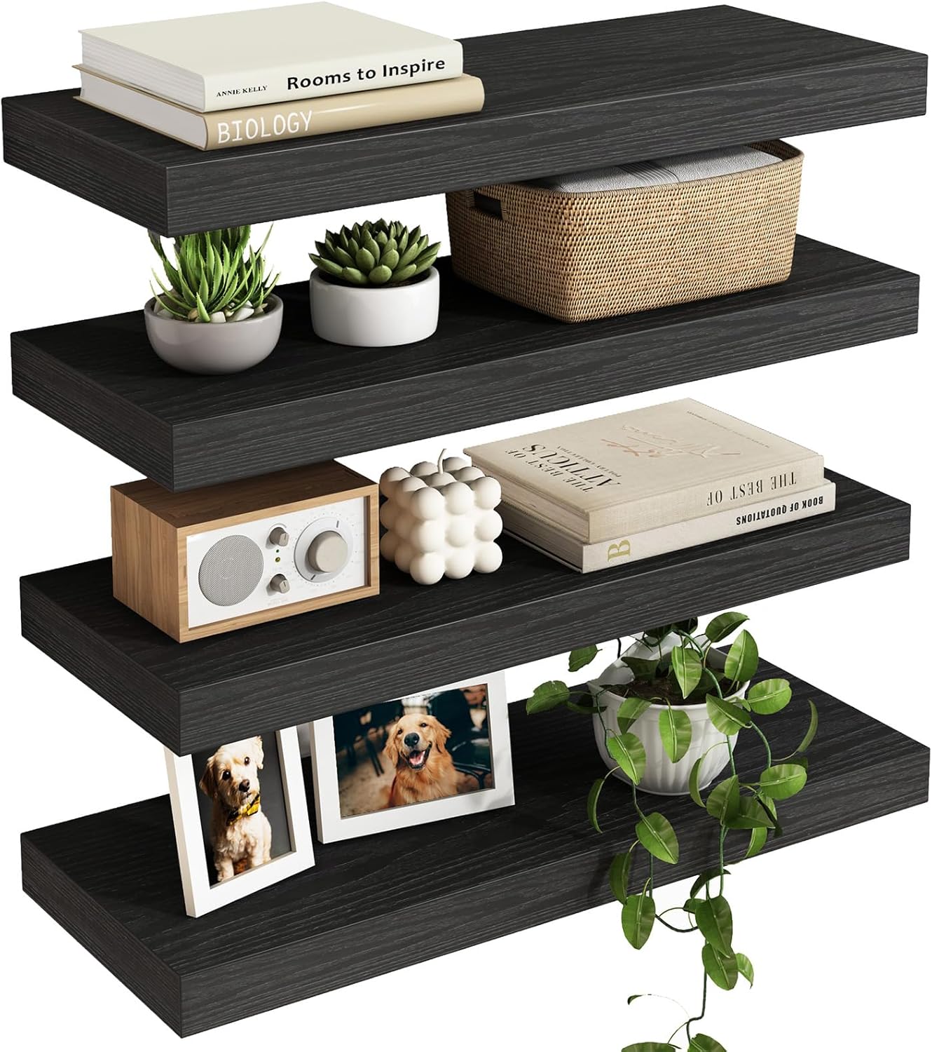 Fixwal Black Floating Shelves for Wall, Rustic Wood Shelves for Bathroom, Living Room, Bedroom and Kitchen, Wall Shelves for Storage, Books, Room Decor (Set of 4, 15.7 Inch)